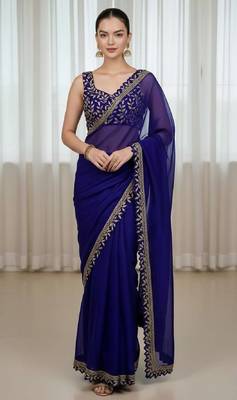 Blue silk embroidered sequins work heavy look ethnic saree with blouse 1