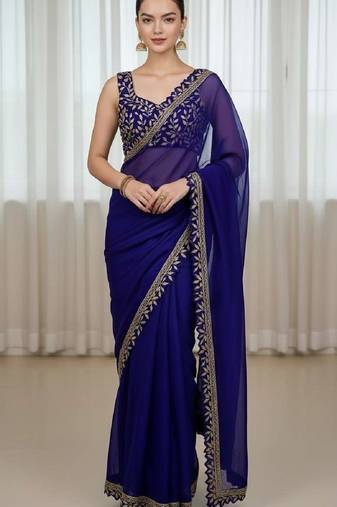 Blue silk embroidered sequins work heavy look ethnic saree with blouse