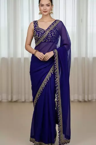 Blue silk embroidered sequins work heavy look ethnic saree with blouse
