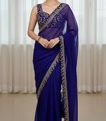 Blue silk embroidered sequins work heavy look ethnic saree with blouse