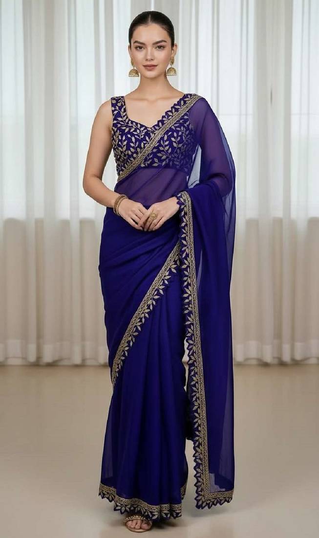 Blue silk embroidered sequins work heavy look ethnic saree with blouse