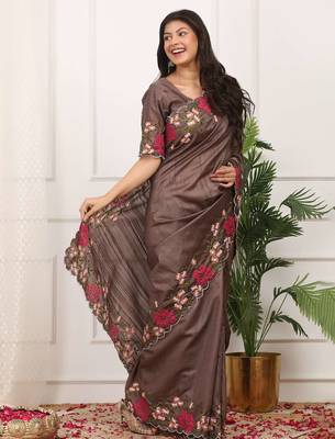 Brown manipuri silk embroidered thread work heavy look ethnic saree with blouse 3