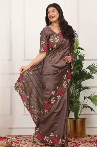 Brown manipuri silk embroidered thread work heavy look ethnic saree with blouse