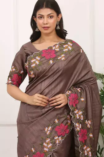 Brown manipuri silk embroidered thread work heavy look ethnic saree with blouse