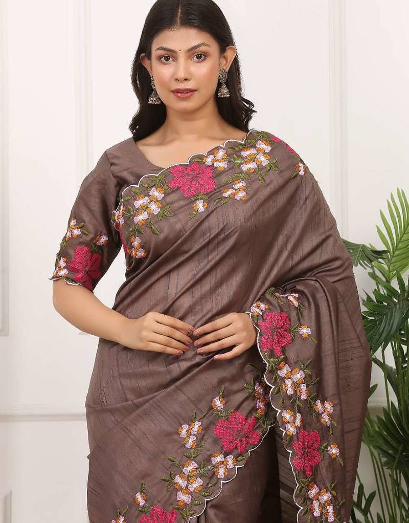 Brown manipuri silk embroidered thread work heavy look ethnic saree with blouse