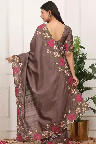 Brown manipuri silk embroidered thread work heavy look ethnic saree with blouse