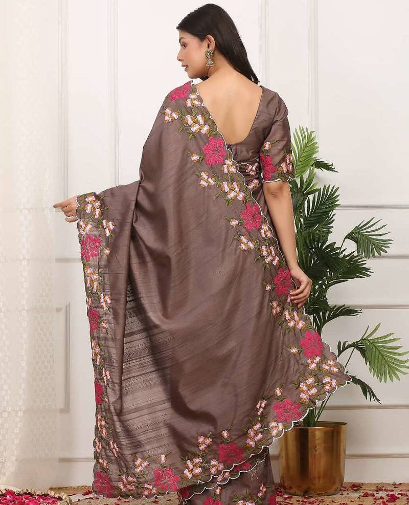 Brown manipuri silk embroidered thread work heavy look ethnic saree with blouse