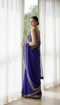 Blue silk embroidered sequins work heavy look ethnic saree with blouse 2