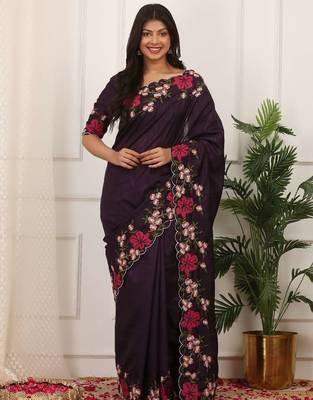 Purple manipuri silk embroidered thread work heavy look ethnic saree with blouse 1