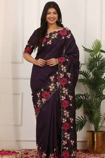 Purple manipuri silk embroidered thread work heavy look ethnic saree with blouse