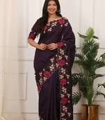 Purple manipuri silk embroidered thread work heavy look ethnic saree with blouse