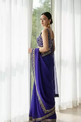 Blue silk embroidered sequins work heavy look ethnic saree with blouse