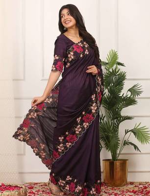 Purple manipuri silk embroidered thread work heavy look ethnic saree with blouse 2