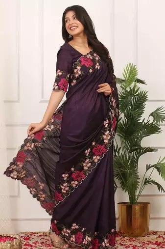Purple manipuri silk embroidered thread work heavy look ethnic saree with blouse