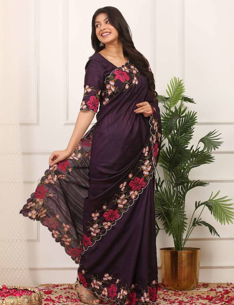 Purple manipuri silk embroidered thread work heavy look ethnic saree with blouse