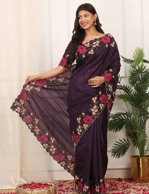 Purple manipuri silk embroidered thread work heavy look ethnic saree with blouse 3
