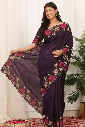 Purple manipuri silk embroidered thread work heavy look ethnic saree with blouse