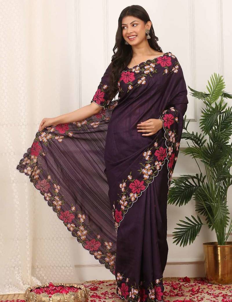 Purple manipuri silk embroidered thread work heavy look ethnic saree with blouse