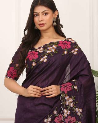 Purple manipuri silk embroidered thread work heavy look ethnic saree with blouse 4