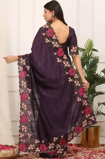 Purple manipuri silk embroidered thread work heavy look ethnic saree with blouse