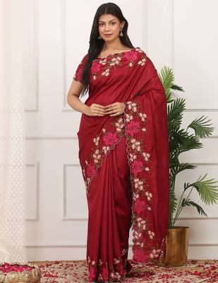Red manipuri silk embroidered thread work heavy look ethnic saree with blouse 1