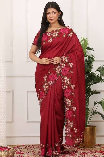 Red manipuri silk embroidered thread work heavy look ethnic saree with blouse