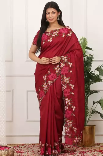 Red manipuri silk embroidered thread work heavy look ethnic saree with blouse