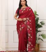 Red manipuri silk embroidered thread work heavy look ethnic saree with blouse