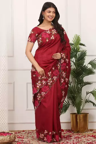 Red manipuri silk embroidered thread work heavy look ethnic saree with blouse