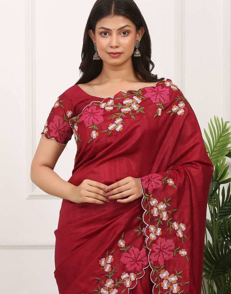 Red manipuri silk embroidered thread work heavy look ethnic saree with blouse