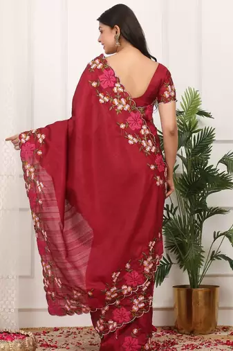 Red manipuri silk embroidered thread work heavy look ethnic saree with blouse