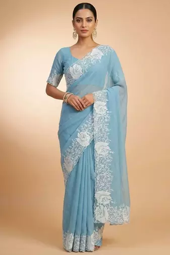 Teal dupion silk embroidered thread work heavy look ethnic saree with blouse