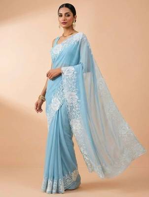 Teal dupion silk embroidered thread work heavy look ethnic saree with blouse 2