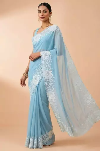 Teal dupion silk embroidered thread work heavy look ethnic saree with blouse