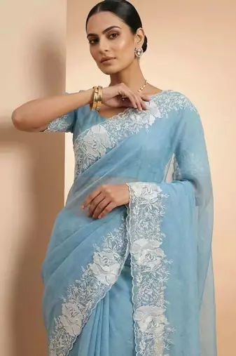Teal dupion silk embroidered thread work heavy look ethnic saree with blouse