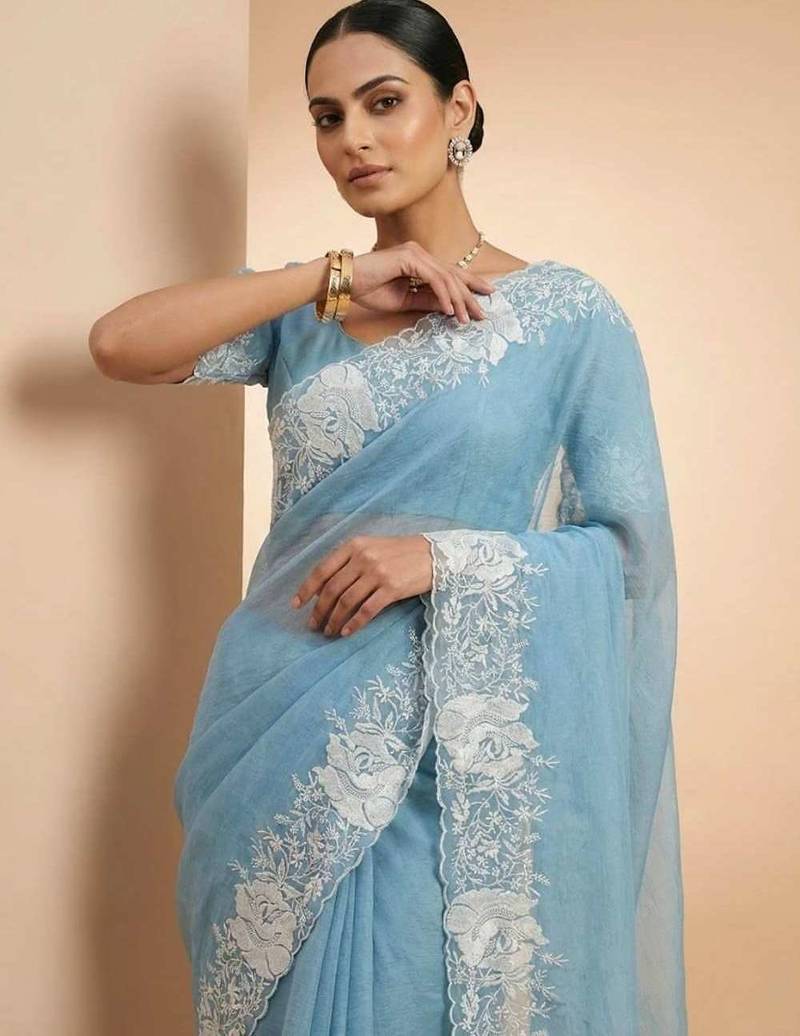 Teal dupion silk embroidered thread work heavy look ethnic saree with blouse