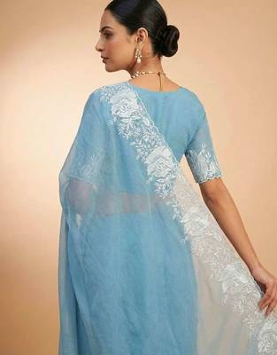 Teal dupion silk embroidered thread work heavy look ethnic saree with blouse 4