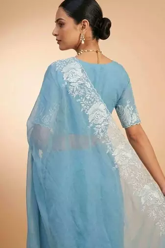 Teal dupion silk embroidered thread work heavy look ethnic saree with blouse