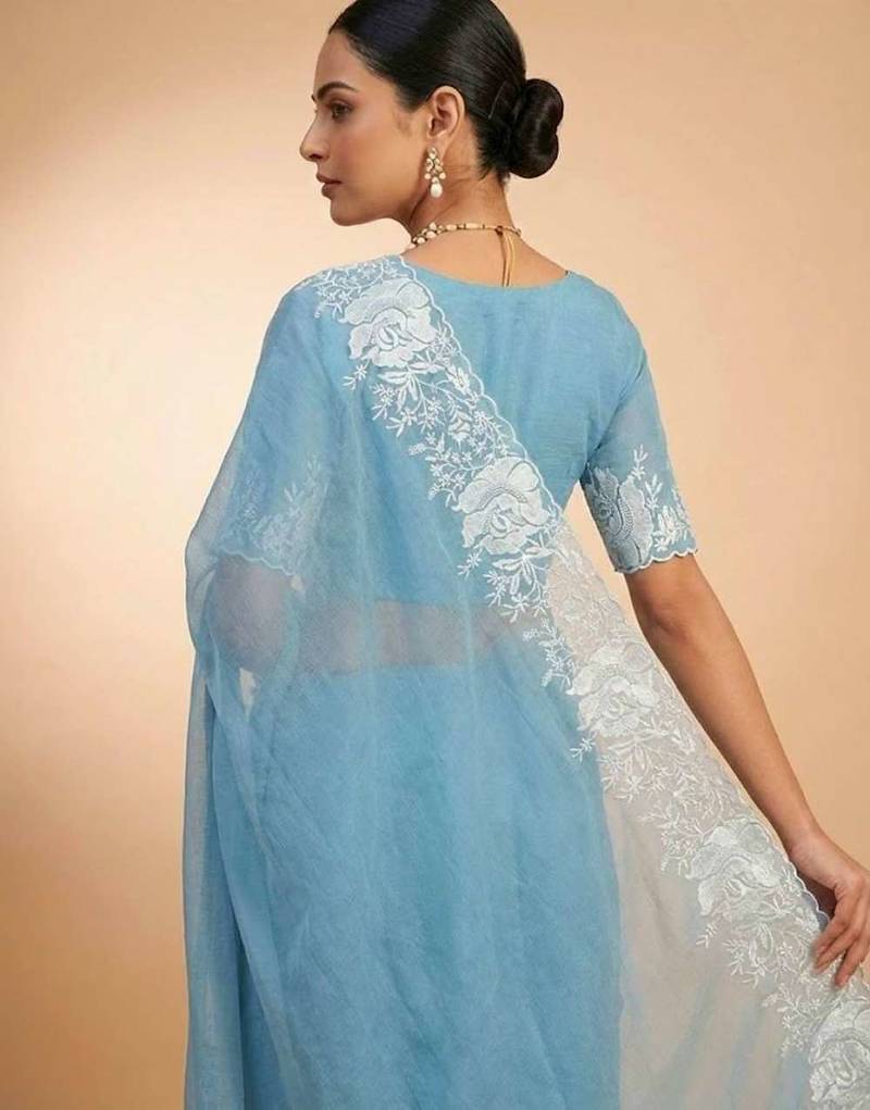 Teal dupion silk embroidered thread work heavy look ethnic saree with blouse