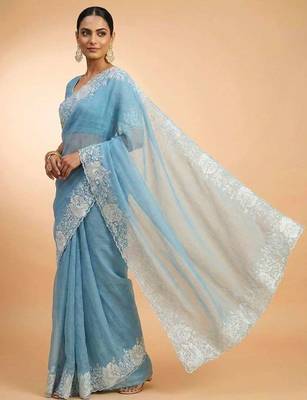 Teal dupion silk embroidered thread work heavy look ethnic saree with blouse 5