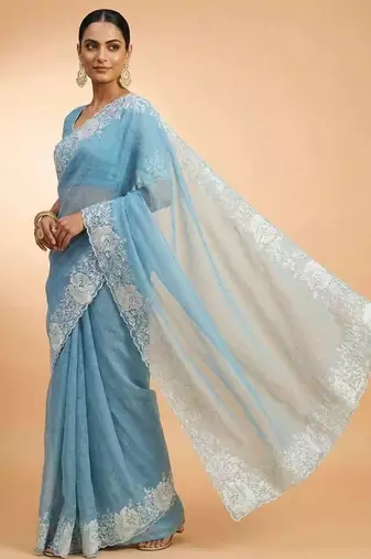 Teal dupion silk embroidered thread work heavy look ethnic saree with blouse