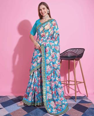 Turquoise silk embroidered gota patti heavy look ethnic saree with blouse 1