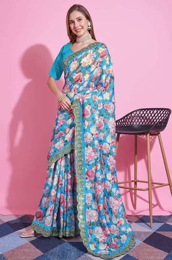 Turquoise silk embroidered gota patti heavy look ethnic saree with blouse