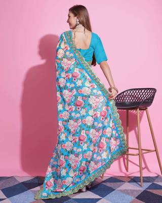 Turquoise silk embroidered gota patti heavy look ethnic saree with blouse 2