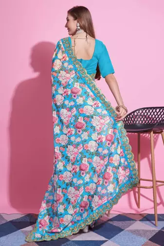 Turquoise silk embroidered gota patti heavy look ethnic saree with blouse