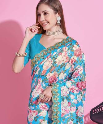 Turquoise silk embroidered gota patti heavy look ethnic saree with blouse 3
