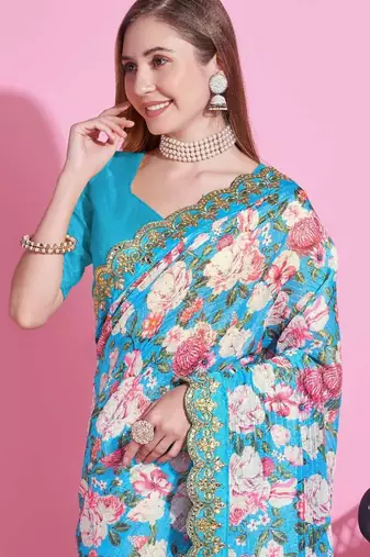 Turquoise silk embroidered gota patti heavy look ethnic saree with blouse