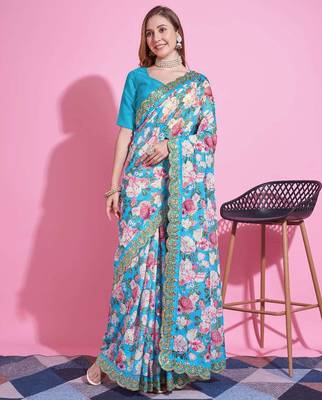 Turquoise silk embroidered gota patti heavy look ethnic saree with blouse 4
