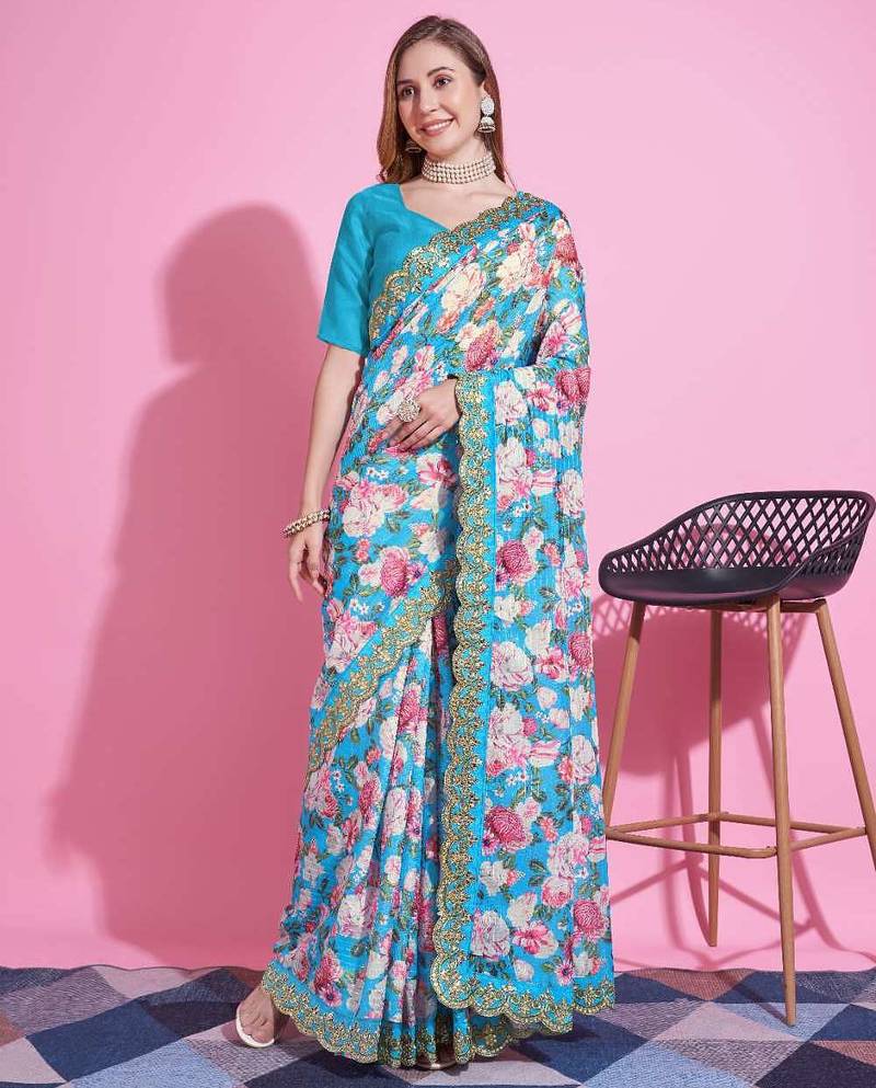Turquoise silk embroidered gota patti heavy look ethnic saree with blouse
