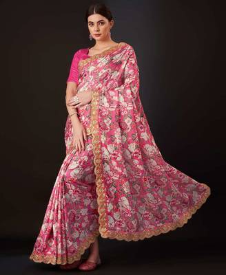 Pink silk embroidered gota patti heavy look ethnic saree with blouse 1